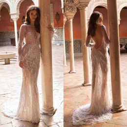 Sleeves Long Glamorous Wedding Mermaid Dresses Jewel Stripe Sequins Applicants Feathers Backless Court Custom Made Plus Size Bridal Gown Vestidos De Novia