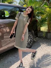 Party Dresses Hong Kong Style Vintage Skirt Striped Short Sleeve Dress Women Summer French Casual Loose Slimming Temperament Long