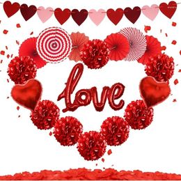 Party Decoration 19Pcs Balloons Wedding Decorations Red Paper Pompoms Fans Hanging Heart Garland Silk Rose Petals Love