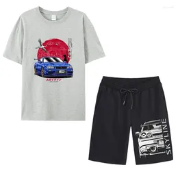 Men's Tracksuits Japanese Car Pattern Tracksuit Short Sleeve T-shirt Sports 2 Pieces Suit Casual Clothing Summer Sportswear