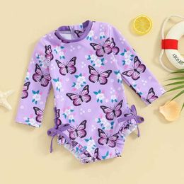One-Pieces Cute long sleeved baby bikini swimsuit princess flower butterfly print bow summer swimsuit childrens swimsuit H240508