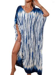 Women Long Print Swimwear Cover Up Dress V Neck Side Split Turkish Kaftans Swimsuit Caftan Beach Beachwear