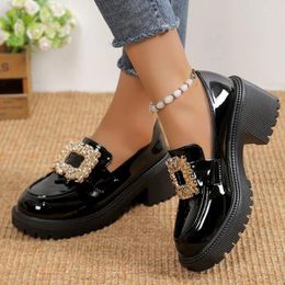 Dress Shoes Square Buckle Rhinestone Women 2024 Round Toe Pumps Black Patent Leather Mary Jane Fashion Slip-on Ladies Loafer