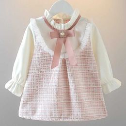 Girl's Dresses New Spring Preschool Girls Dress Korean Fashion Cute Bow Chequered Long sleeved Princess Childrens Dress Baby Clothing Set BC464L2405