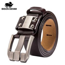 Belts BISON DENIM Mens Jeans Belts Pin Buckle Cowhide Genuine Leather Belts Vintage Brand Waistband Strap Belt For Men Male N71350 Y240507