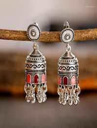 Retro Bollywood Oxidized Womens Jewellery Ethnic Silver Carved Afghan Bell Tassel Drop Jhumka Earrings Wedding Jewelry16458288