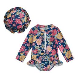 Endelar Baby Girl Rash Guard Swimsuit 1-stycken Långärmad badkläder Floral dragkedja Ruffle Toddler Bathing Suit Beach Outfit H240508