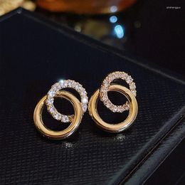 Stud Earrings Korean Gold Color Circle Metal Rhinestone For Women Hollow Jewelry Accessories Girls Earings Boucle D'oreille