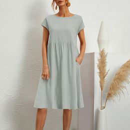 Casual Dresses Women's Cotton Linen Long O Neck A Line Loose Midi Dress Ladies Knee Length With Pocket Robe Femme