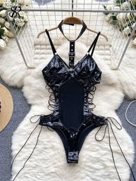 Sexy Pyjamas SINGREINY PU Leather Sensual Halter Camis Rompers Drawstring Lace-Up Slim Playsuits Female Open Crotch Erotic Lingerie Bodysuits WX