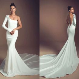 Mermaid One Dresses Sasson Shoulder Long Elihav Sleeve Beded Bridal Gowns 2019 Backless Satin Beach Wedding Dress Vestido de Novia