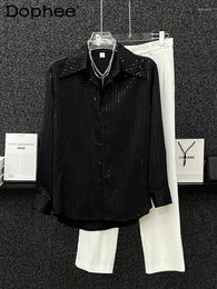 Men's Casual Shirts Spring 2024 Sequined Long Sleeve Shirt Fashionable Handsome High-End Male Sequin Single Row Multi-Buckle Top