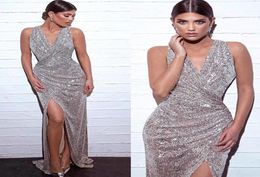 2022 Reflective Silver Sequins Prom Dresses A Line V Neck Split Front Formal Evening Wear Gowns Women Pageant Occasion6027124