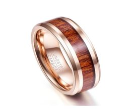 8mm Tungsten Carbide Ring Hawaiian Koa Wood Inlay Bevelled Wedding Band Men039s Comfort Fit Size 712 Cluster Rings6207418
