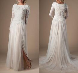 Ivory Champagne Modest Wedding Dresses With Long Sleeves Boho Lace Tulle Lds Bridal Gowns Sleeved Split Aline Custom Wedding Gown2521836