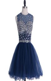 Latest Navy Blue Cocktail Dresses Crystal Bateau Beading Short Mini Tulle Ball Gown Ruched Homecoming Dress 2022Charming Beach Par9114224