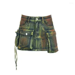 Skirts 2024 Fashion Irregular Pocket Denim Women Summer High Waist Tie Dye Mini Y2K Asymmetrical Female Jean Skirt