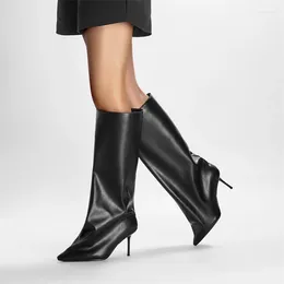 Boots Designer Sexy Pointed Toe Thin High Heels Pleated Knee Women Black Slip On Fashion Street Western Style Female Shoes