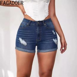 Women's Shorts FAGADOER Summer Hole Denim Women High Waist Button Pocket Slim Jean Casual Female Solid Cowboy Matching Bottoms 2024