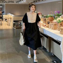 Party Dresses Onalippa Lace Patchwork Maxi For Women Puff Short Sleeves Straight Loose Dress Korean Fashion Vintage H Line Pullover