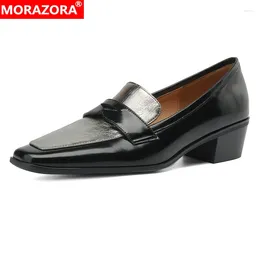 Dress Shoes MORAZORA 2024 Genuine Leather Women Pumps Square Toe Mid Heels Slip On Ladies Office