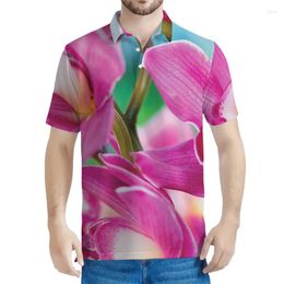 Men's Polos Colourful Orchid Flower Graphic Polo Shirt Men 3d Printed Plants Floral Tees Loose Button Short Sleeves Women Lapel Shirts