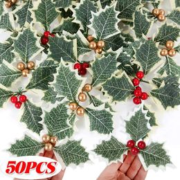 Decorative Flowers Christmas Holly Berry Green Leaves DIY Wreath Gifts Artificial Flower Red Berries Xmas Tree Ornaments Wedding Party