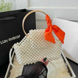 Shoulder Bags 2024 Summer Lipstick Bag For Women Fashion Beading Woven Versatile Ribbons Vintage Pearl Handbag Crossbody