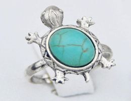 Whole lots 50pcs Girl Women039s Retro Antique Silver Plated Cute Alloy Turquoise Turtles Opening Rings Tribal Design Adjust9749857