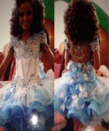 Glitz Strapless A Line Cupcake Organza Kids Pageant Dresses Sparkle Beading Formal Girls Party Prom Gowns with Handmade Flower1060778