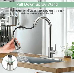 304 Stainless Steel Brushed Nickel Kitchen Pull Down Faucet with 3 Hole Cover Plate and pull out Spryer46955828332