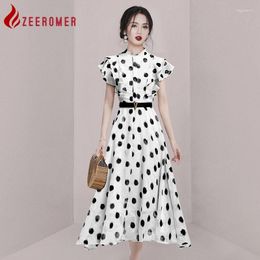 Party Dresses ZEEROMER 2024 Summer Fashion Temperament Polka Dot Shirt Dress Women Stand Collar Butterfly Sleeve Ruffle Casual Vestidos