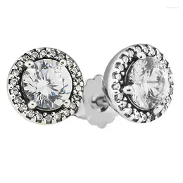 Stud Earrings Round Sparking With Clear CZ Sterling-Silver-Jewelry For Women Luminous Brincos Oorbellen Pendientes