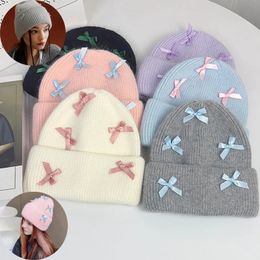 Angora Rabbit Fur Bow Winter Hat for Women Knitted Fluffy Beanie Ladies Fashion Warm Plush Skull Womens Thick Fleece Hat y2k 240508