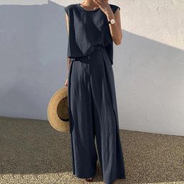 Women's Two Piece Pants Women Cotton Linen Suits Summer Sleeveless O-Neck Tank Top Wide Leg Sets Female Fashion Casual Solid Loose