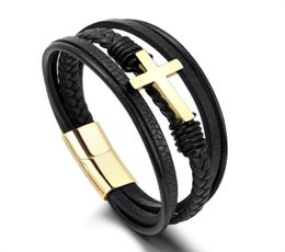 New Fashion Multilayered Black Leather Stainless Steel Cross Charm Bracelets for Men Gift4362766