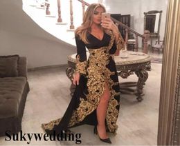 Elegant Black Evening Dresses with Gold Lace Applique Long Sleeves Sexy Dubai Prom Formal Dress Vneck Side Split Saudi Arabic Pag3714592