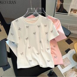 Women's T Shirts 2024 Summer Drill Bow Cotton Short Sleeve T-shirt Fashion O-neck White Black Tops Casual Tees Female