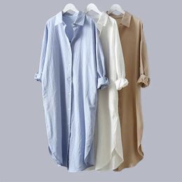 Women's T-Shirt Cotton womens shirt dress beach vacation new linen Cotton casual plus size womens long sleeved white/blueL2405
