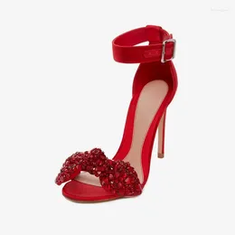 Dress Shoes Elegant Red Rhinestone Bow Stiletto Heels Satin Ankle Strap Sandals