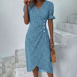 2024 Summer Floral Bodycon Midi Dress For Women V Neck Long Sleeve Ruched Slim Fit Dresses Female Sexy Vestido Robe 240422