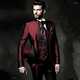 Men's Suits Gothic Clothing Burgundy Elegant 3 Piece Jacket Pants Vest Single Breasted Stand Lapel Skinny Full Set Men Suit Prom Party