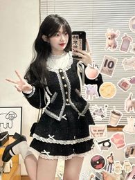 Work Dresses Elegant Fashion Black Long Sleeve Cardigan Coat Lace Bottoming Tops Women Y2k High Waist Ruched Cake Skirts Two Piece Sets