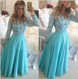 Sexy Sky blue Lace Bridesmaid dresses Full sleeve A line V neck Pearls Princess Evening party Prom dress Chiffon Girls Maid of hon3168591