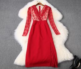 2020 Spring Summer Black / Red Long Sleeve V Neck Print Lace Panelled Mid-Calf Dress & Fashion Casual Dresses LJ28T106056743661