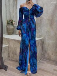Casual Dresses Yeezzi Women Fashion Floral Printed Split-Side Elegant Evening 2024 Spring Off-The-Shoulder Long Sleeves Prom Gown