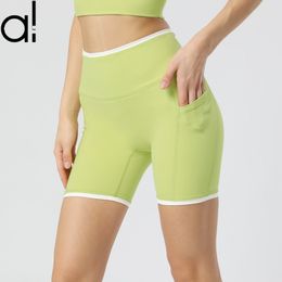 Al Yoga Shorts Summer Sports Leggings Kvinnor Höghus Hopplyftfärg Blockering Kort byxor Fitness Running Cykling Hoppningsövning med fickor