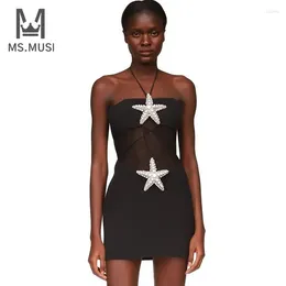 Casual Dresses MSMUSI 2024 Fashion Women Sexy Halter Diamond Starfish Lace Mesh Backless Bandage Party Club Celebrity Mini Dress Vestidos