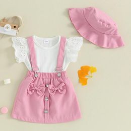 Clothing Sets 3PCS Toddler Girls Summer Outfits Princess Flying Sleeve Ribbed Tops Bowknot Suspender Skirt Hat Kids Clothes Set For Infant