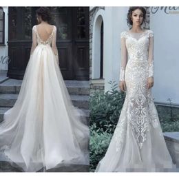 High Quality Mia Applique Lace Stylish Mermaid Illusion Bridal Gowns Long Sleeves Backless Modest Wedding Dresses